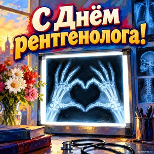 Открытка «С Днём рентгенолога!» с рентгеном руки-сердца