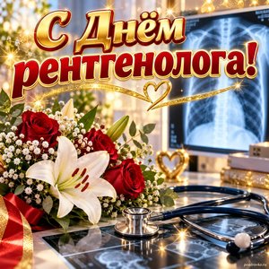 Открытка «С Днём рентгенолога!» со стетоскопом и цветами