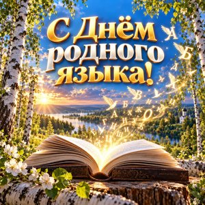 Открытка «С Днём родного языка!» с книгой и буквами