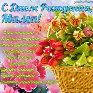 Картинка на день рождения маме с красивым поздравлением и шикарными тюльпанами