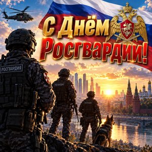 Открытка «С Днём Росгвардии!» с бойцами на рассвете