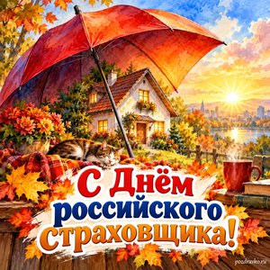 Открытка «С Днём российского страховщика!» с большим зонтом и уютным домиком при золотом солнечном свете