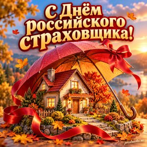Открытка «С Днём российского страховщика!» с большим зонтом и уютным домиком с нарядными праздничными лентами
