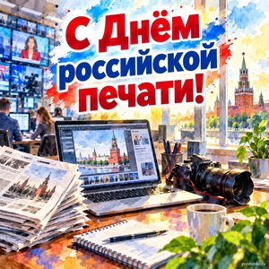 Открытка «С Днём российской печати!» с ноутбуком и камерой