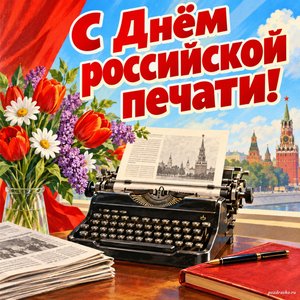 Открытка «С Днём российской печати!» с печатной машинкой