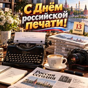 Открытка «С Днём российской печати!» с печатной машинкой и газетами