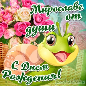 Открытка Мирославе от души с Днем рождения с милой улиткой