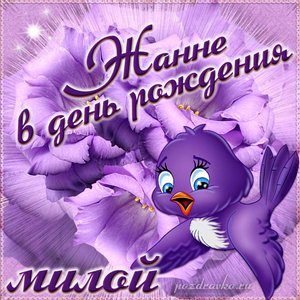 Открытка милой Жанне в День Рождения с забавной птичкой и цветами