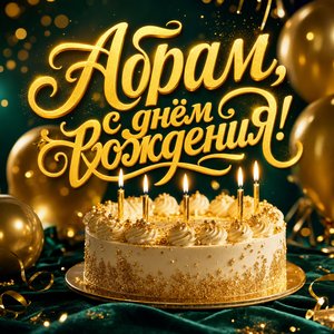 Открытка с Днем Рождения Абраму с праздничным тортом и свечами
