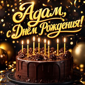 Открытка с Днем Рождения Адаму с шоколадным тортом и свечами