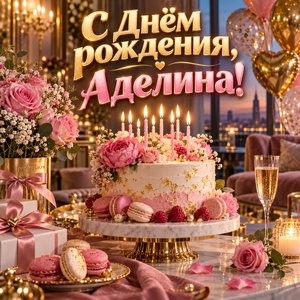 Открытка «С Днём рождения, Аделина!» Аделине с тортом и шарами