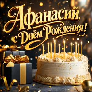 Открытка с Днем Рождения Афанасию с праздничным тортом и свечами