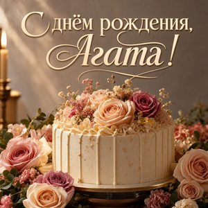 Открытка с Днем Рождения Агате с тортом и цветами
