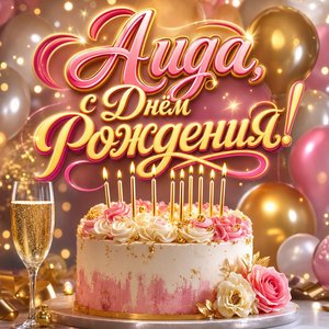 Открытка с Днем Рождения Аиде с праздничным тортом и шарами