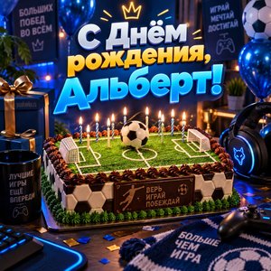 Открытка «С Днём рождения, Альберт!» Альберту с тортом-полем