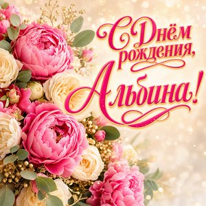 Открытка с Днем Рождения Альбине с букетом пионов