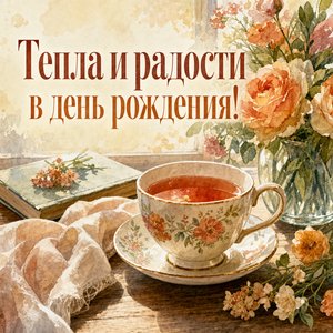 Открытка с Днем Рождения Альбине с чашкой чая