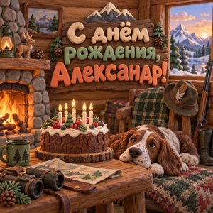 Открытка «С днём рождения, Александр!» Александру с домиком в горах