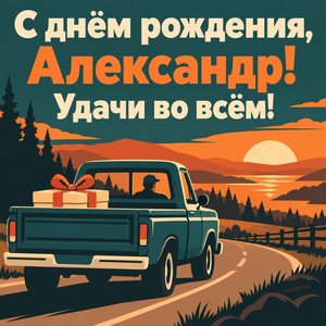 Открытка «С днём рождения, Александр! Удачи во всём!» Александру с пикапом и подарком