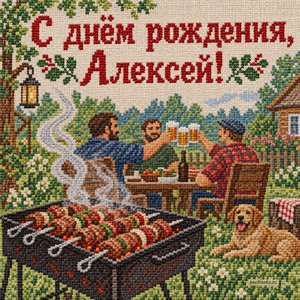 Открытка «С днём рождения, Алексей!» Алексею с шашлыком