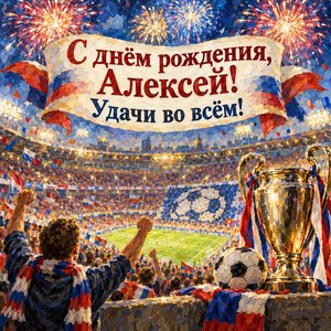 Открытка «С днём рождения, Алексей! Удачи во всём!» Алексею со стадионом и салютом
