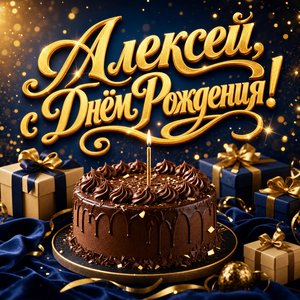 Открытка с Днем Рождения Алексею с шоколадным тортом и подарками