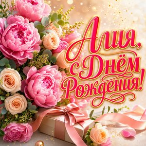 Открытка с Днем Рождения Алие с пионами и подарком
