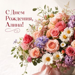 Открытка с Днем Рождения Алине с букетом цветов