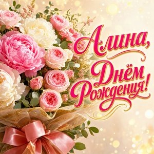 Открытка с Днем Рождения Алине с букетом пионов