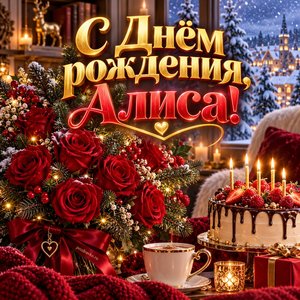 Открытка «С Днём рождения, Алиса!» Алисе с зимним букетом Открытка «С Днём рождения, Алиса!» Алисе с зимним букетом