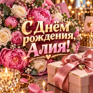 Открытка «С Днём рождения, Алия!» Алие с пионами и подарком