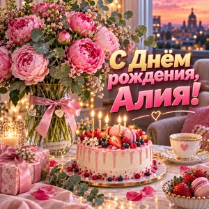 Открытка «С Днём рождения, Алия!» Алие с пионовидными розами