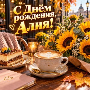 Открытка «С Днём рождения, Алия!» Алие с подсолнухами и кофе