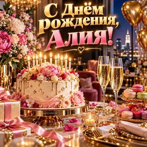 Открытка «С Днём рождения, Алия!» Алие с тортом и шарами