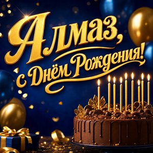 Открытка с Днем Рождения Алмазу с праздничным тортом и свечами