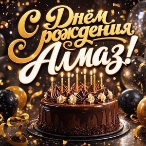 Открытка с Днем Рождения Алмазу с праздничным тортом и свечами