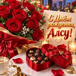 Открытка «С Днём рождения, Алсу!» Алсу с алыми розами и конфетами
