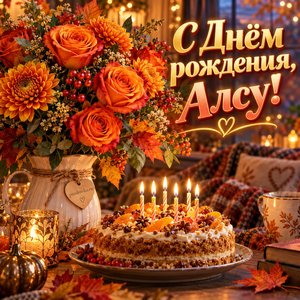 Открытка «С Днём рождения, Алсу!» Алсу с осенним букетом