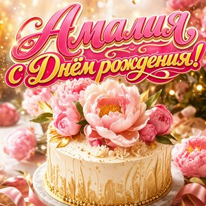 Открытка с Днем Рождения Амалии с тортом и пионами