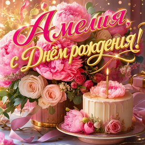 Открытка с Днем Рождения Амелии с пионами и праздничным тортом
