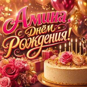 Открытка с Днем Рождения Амине с праздничным тортом и шарами