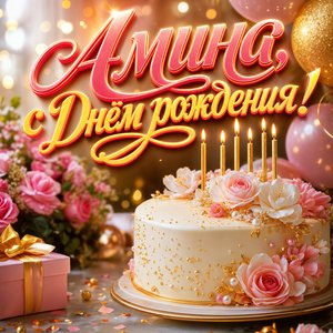 Открытка с Днем Рождения Амине с праздничным тортом и свечами