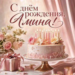 Открытка с Днем Рождения Амине с тортом и свечами