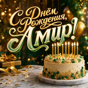 Открытка с Днем Рождения Амиру с праздничным тортом и свечами