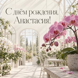Открытка «С днём рождения, Анастасия!» Анастасии с оранжереей орхидей