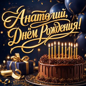 Открытка с Днем Рождения Анатолию с праздничным тортом и свечами