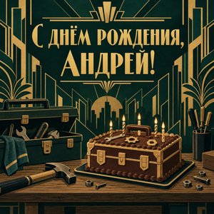 Открытка «С днём рождения, Андрей!» Андрею с верстаком и тортом