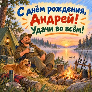 Открытка «С днём рождения, Андрей! Удачи во всём!» Андрею с рыбалкой на рассвете