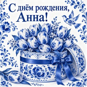 Открытка «С днём рождения, Анна!» Анне с тюльпанами в шляпной коробке