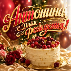 Открытка с Днем Рождения Антонине с праздничным тортом и шарами